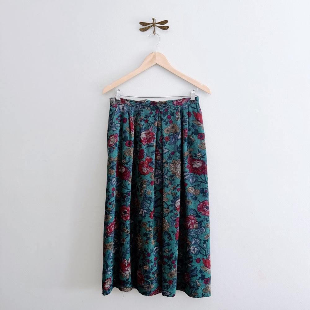 Vintage Moody Floral Teal Pleated Midi Skirt size medium